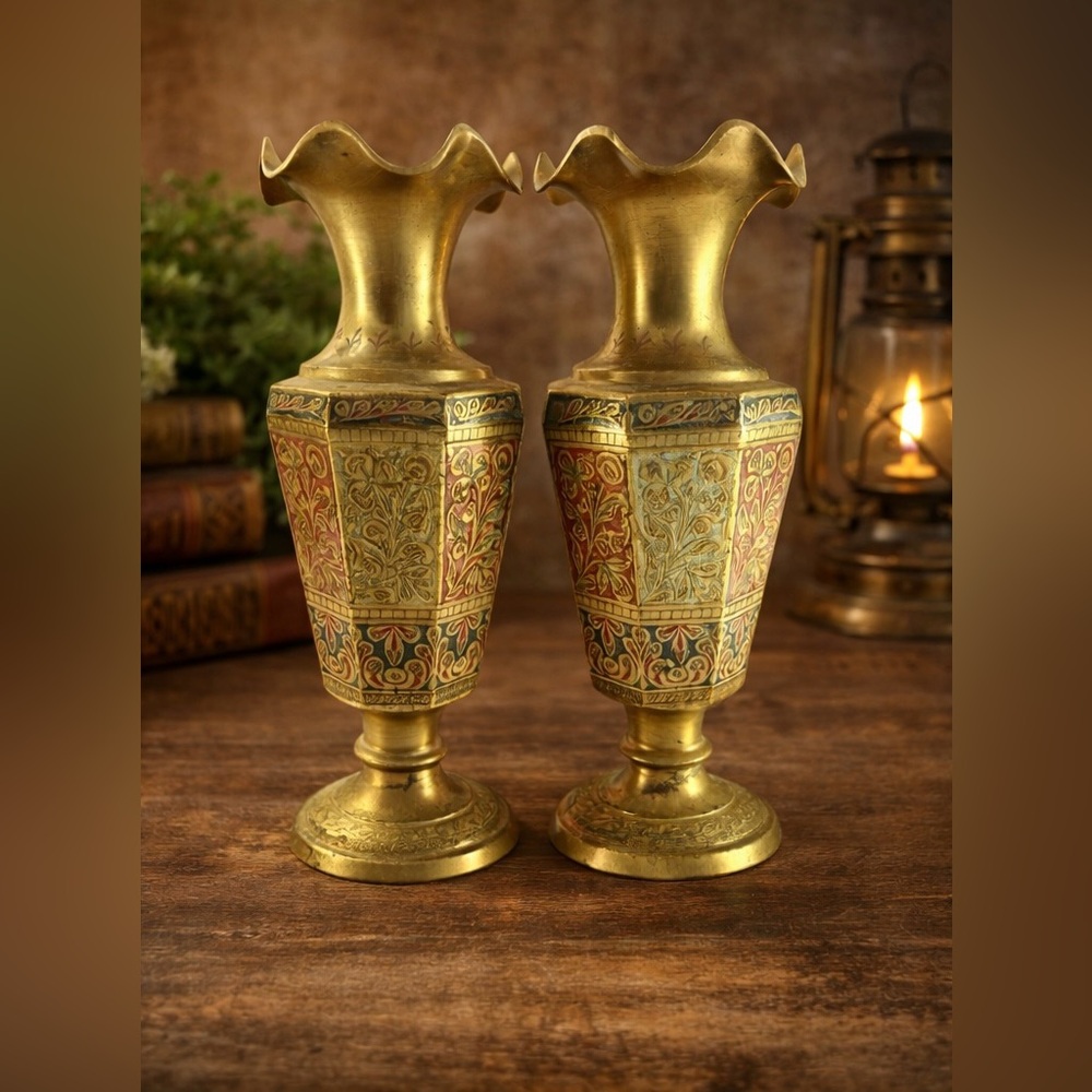 Vintage Indian Brass Enamel Vases 9.5” Pair Hand Etched Floral Boho - Picture 2 of 8
